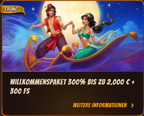 Willkommenspaket 300% 2000 Euro 300 Freispiele